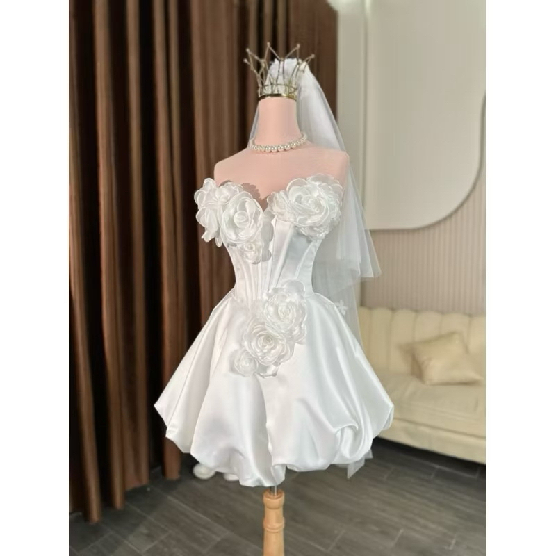 ELIES Đầm cưới đi bàn cúp ngực dáng bí ngắn nẹp ngực corset đan dây sau lưng