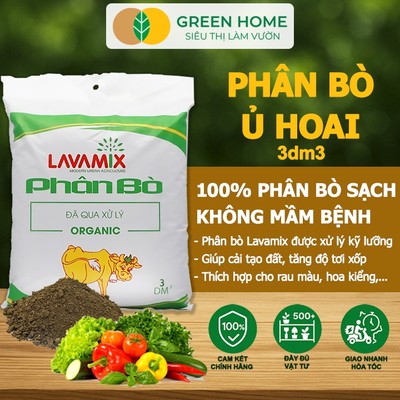 3 Túi Phân Bò GreenHome, Lavamix, Bao 3dm3, Phân Bón Đã Qua Xử Lý, Ủ Hoai, Không Mùi Hôi, Hữu Cơ