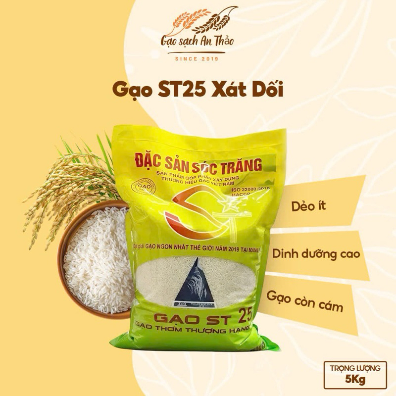 (5kg) Gạo ST25 Xát Dối - dẻo ít, dinh dưỡng cao, tốt cho sức khỏe