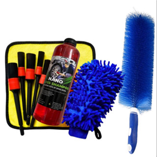 Combo rửa xe bọt tuyết chi tiết , tay ga siêu rẻ(xà bông dâu 1 lít , 5 cọ đen , găng tay san hô, khăn, cọ chồn xanh dài)