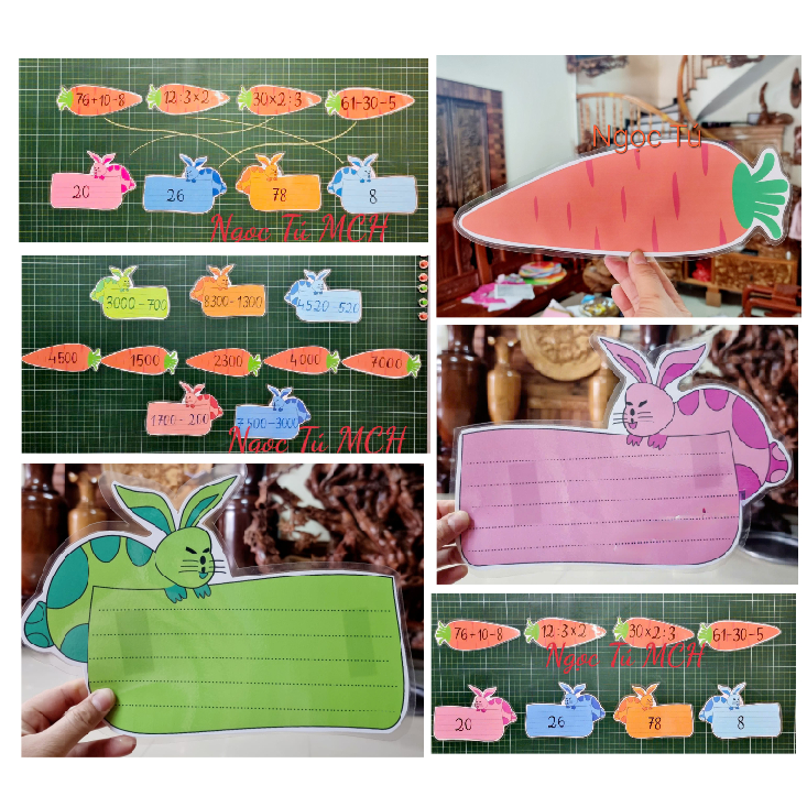 Đồ dùng dạy học MCH - Sét Bộ Thỏ tìm Cà Rốt (Thỏ A4, Cà rốt 1/2 A4 ngang) - Sẵn nam châm lá.
