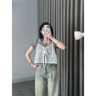 Set áo thun trơn viền lượn kèm áo 2 dây yếm nơ dáng rộng cá tính DORIA