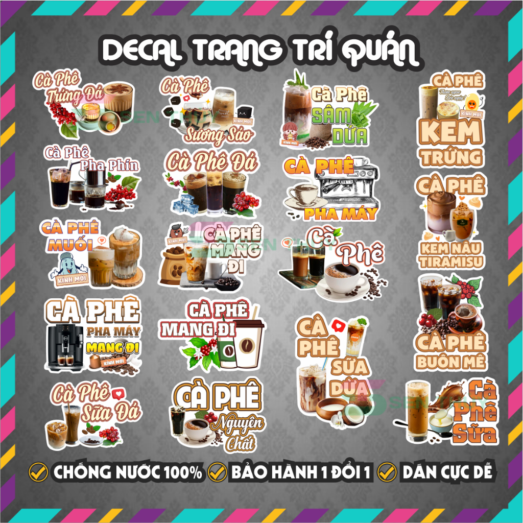 Decal CÀ PHÊ ĐÁ/ SỮA/MANG ĐI... - Decal Dán Trang Trí Quán Ăn, Trà Sữa, Cà Phê.