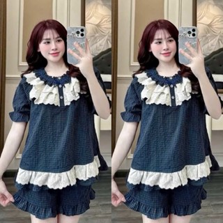 Đồ bộ Pyjama, Set bộ đùi nữ CỘC TAY Họa Tiết CARO NHÍ PHối REN TẦNG Siêu Xinh Cho Nàng - BigSize Hằng Moon