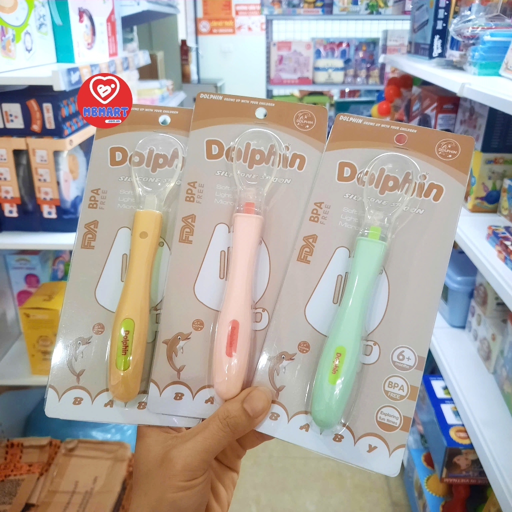 Thìa ăn dặm Silicon Dolphin cho bé, đầu thìa mềm to dễ ăn, nhiều màu lựa chọn