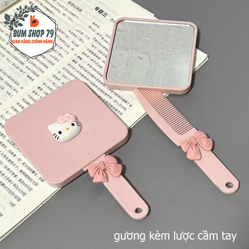 Bộ Gương Kèm Lược Đính Mèo Hello Kitty Và Nơ Hồng, Gương Trang Điểm Cầm Tay Thiết Kế 2in1 Nhỏ Gọn