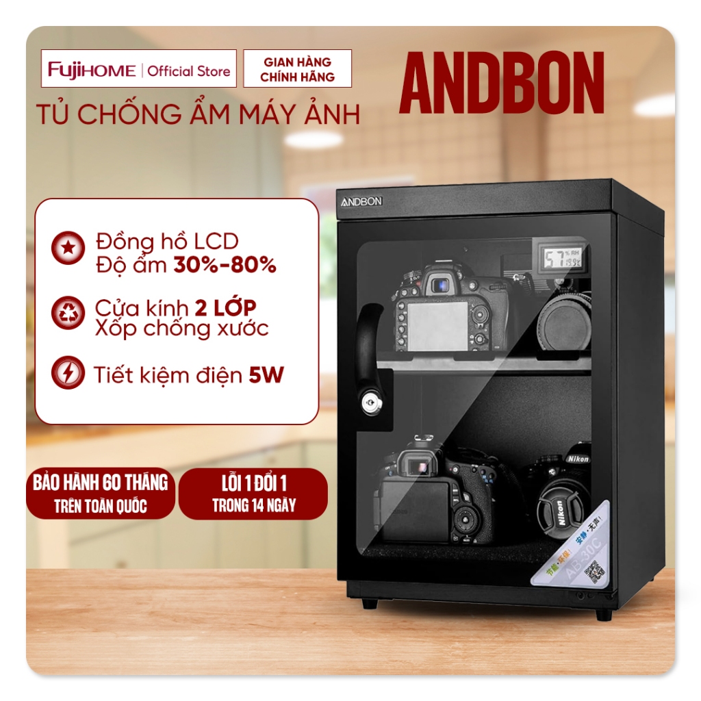 Tủ chống ẩm máy ảnh 30 Lít nhập khẩu Andbon AB-30C bảo hành 5 năm, tủ hút ẩm máy ảnh 30L chống nước dry cabinet