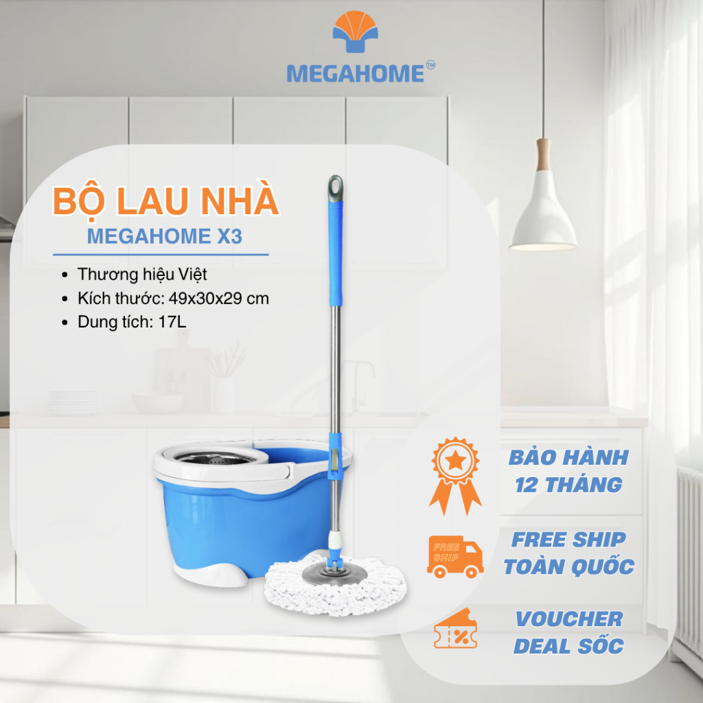 Bộ Lau Nhà Megahome X3 mâm lau inox cây lau 360 độ
