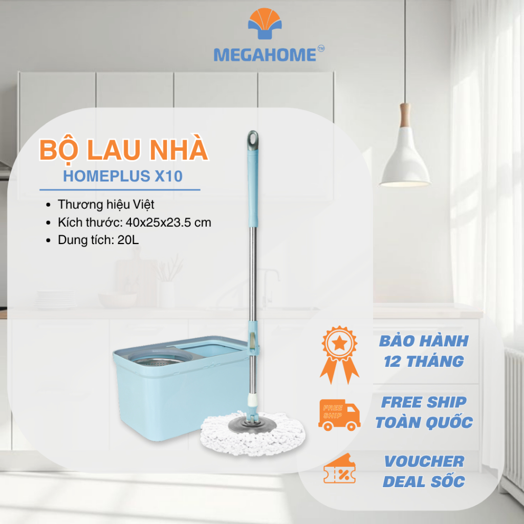 Bộ Lau Nhà Homeplus X10 Megahome, dung tích 20l, lồng vắt inox, xoay 360 độ, cây lau siêu nhẹ