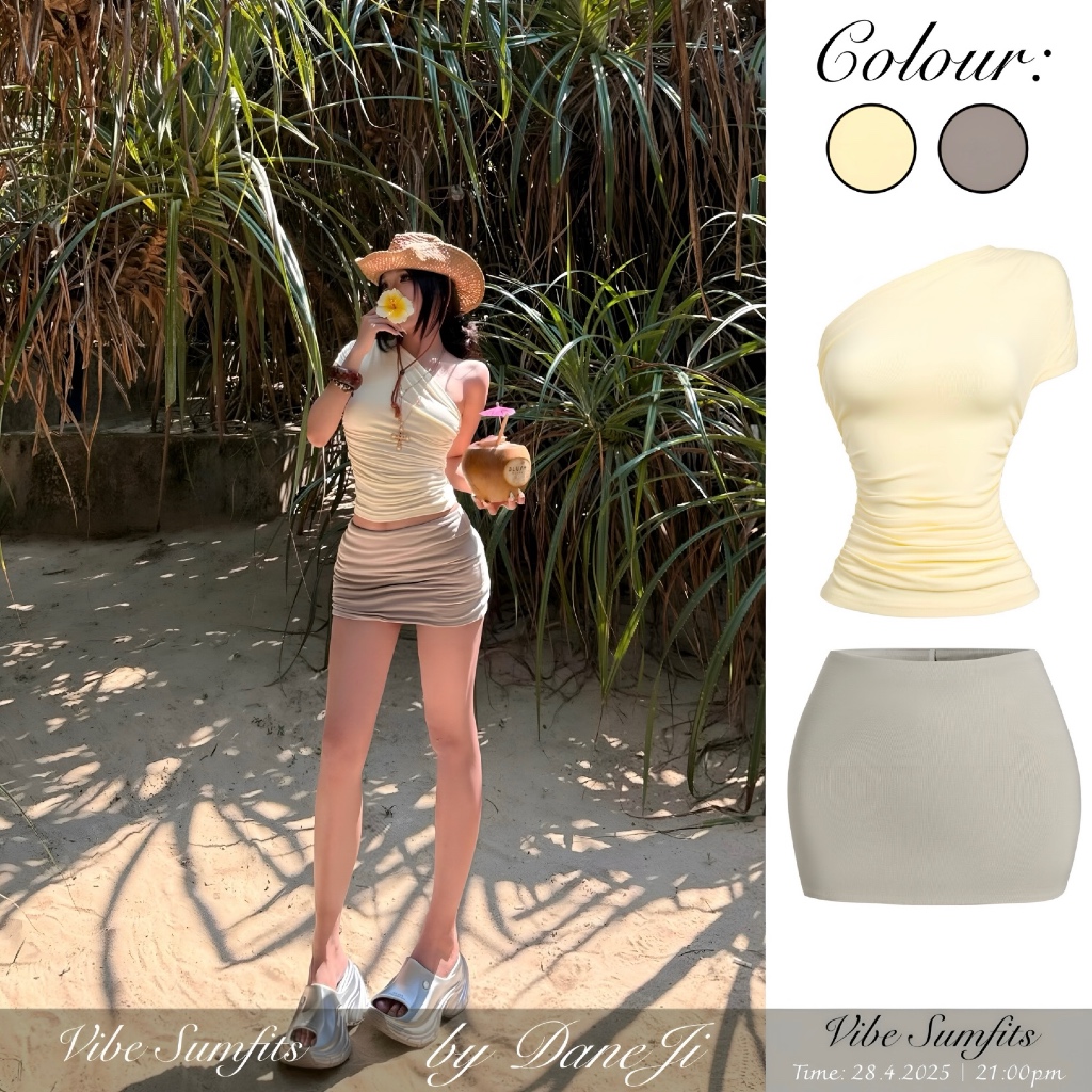 [ VIBE SUMFITS ] Set áo thun lệch vai Slimfit DANEJI nhún eo - Chân váy mini skirt Sữa hạt xám pastel MÙA HÈ