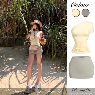 [ VIBE SUMFITS ] Set áo thun lệch vai Slimfit DANEJI nhún eo - Chân váy mini skirt Sữa hạt xám pastel MÙA HÈ