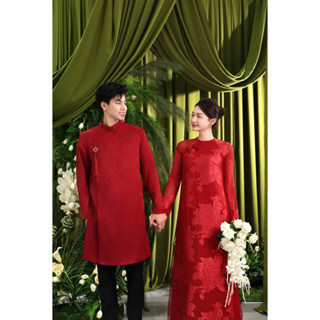 Áo dài Nam Nữ (Dâu Rể) chất liệu gấm hoa hồng phục vụ ăn hỏi, lễ Tết , sự kiện Cưới.