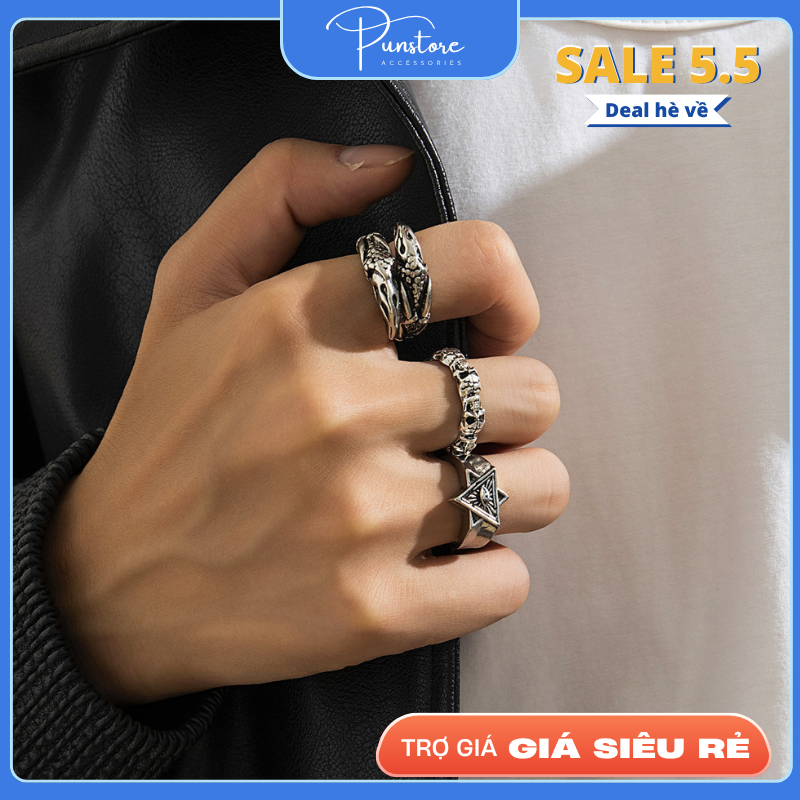 Nhẫn nam set 3 nhẫn hợp kim titan ngôi sao 6 cánh retro phong cách hip hop, Âu Mỹ PUN Store - Nhẫn T