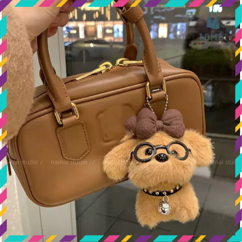 Móc Khoá Gấu Bông Hình Chó Poodle Đeo Kính, Charm Treo Túi Xách Balo Kèm Nơ, Vòng Cổ Chuông
