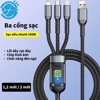 Dây Cáp Sạc Nhanh 3 Đầu 100W Hỗ Trợ Sạc Nhanh 3 Trong 1 dây bọc dù Chống Đứt, Chống Rối