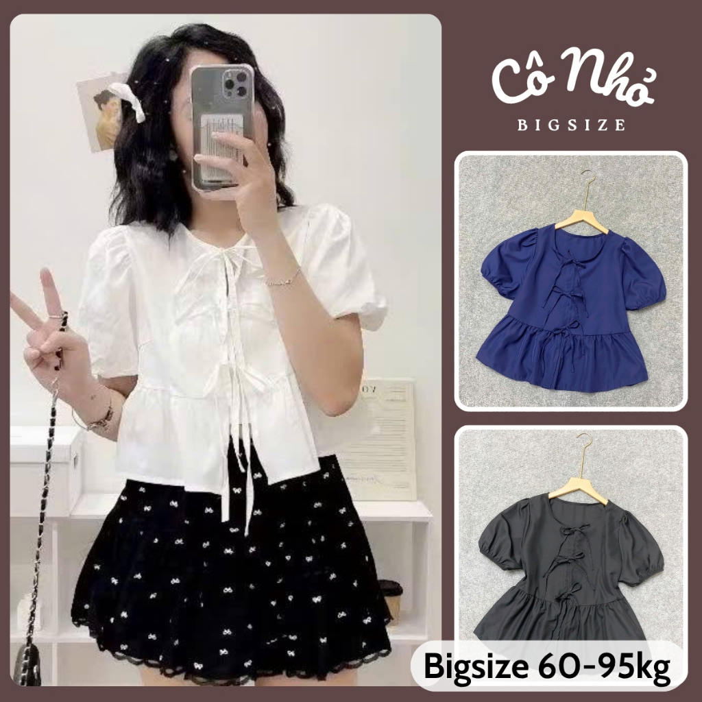 Áo Babydoll Bigsize Nữ Tay Phồng Vạt Xòe Phối Nơ Xinh Vải Kate Thái Mềm Đi Chơi A191