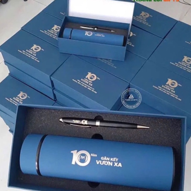 Giftset - Bộ quà tặng Bình giữ nhiệt và bút ký khắc tên logo theo yêu cầu