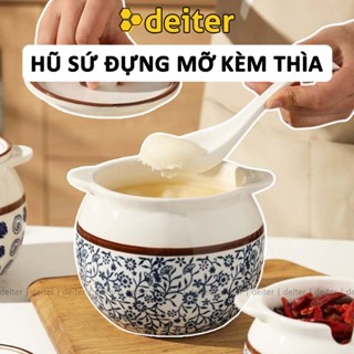 Hũ Đựng Mỡ Bằng Sứ Tặng Kèm Thìa DEITER Họa Tiết Hoa Xanh Cổ Điển 1.5L Âu Đựng Mỡ DT250501101