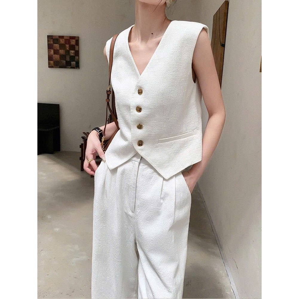 Set Đồ Nữ Áo Gile Cổ V Sát Nách Cùng Quần Dài Ống Rộng Chất Đũi Cao Cấp Trẻ Trung Phong Cách Hàn Quốc