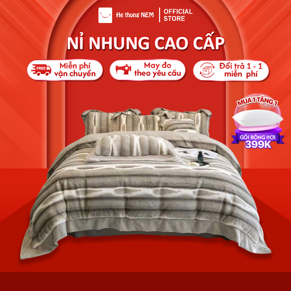 Bộ drap giường 5 món Hệ Thống Nệm cao cấp Bộ vỏ chăn ga ra phủ trải giường gối nệm đệm 5 món nỉ nhun