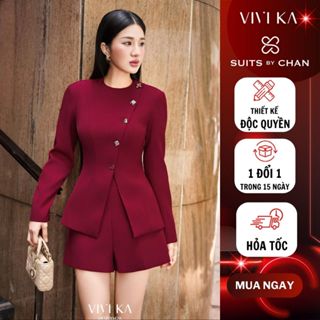 Set đồ nữ áo tay dài xẻ tà phối nút Amber + quần short dáng chữ a thanh lịch - VIVIKA VKSE00476