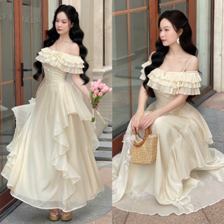 Váy nữ công chúa thiết kế trễ vai bèo xếp ly dáng dài - V2087
