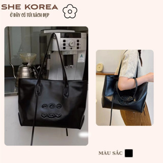 Túi Tote da Ceci đen ngăn đựng rộng màu đen Size lớn, Túi Tote đi học và đi làm SHE KOREA