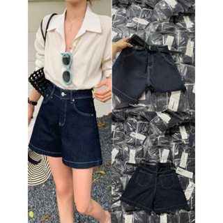 ̣(Tặng Dây Lưng) Quần Short Bò Jeans Nữ, Quần Short Ngố Denim Màu Xanh Than Chỉ Nổi Phối Túi Nắp Cạp Cao Siêu Hách Dáng