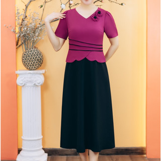  Đầm xòe trung niên cho mẹ - Cổ tim kết hoa tay ngắn - Đen hồng - TTV Store thời trang nữ TTV1898 