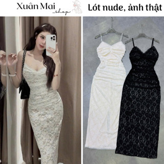 Đầm ôm body 2 dây dáng dài sang chảnh chất ren màu đen kem đầm váy nữ dự tiệc đầm đi biển