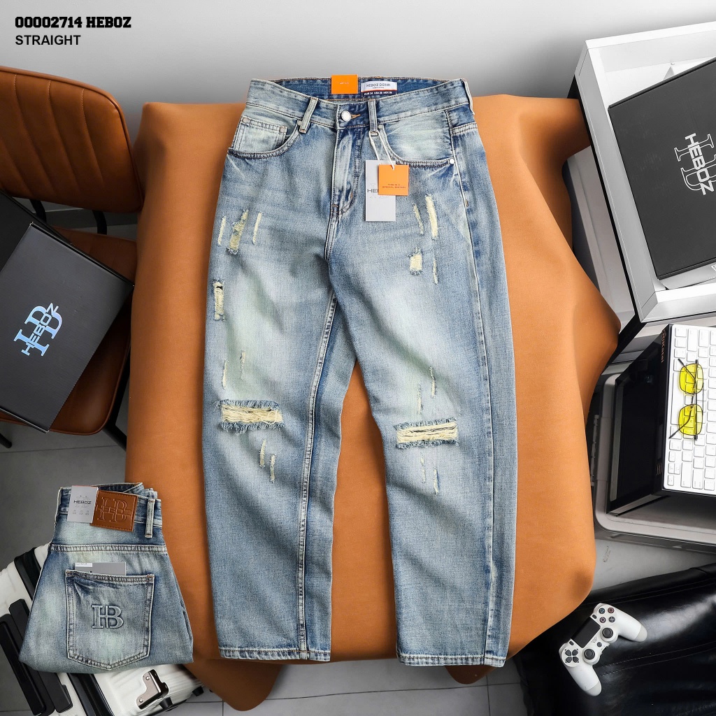Quần jean nam Heboz dáng suông rách D028, quần dài denim cao cấp - 00002714