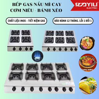 Bếp gas nấu mì cay 8 họng, bếp bánh xèo, cơm niêu, bò né. Bếp khè 8 lò đốt dùng van ga thường Inox 304 BH 12T T-SS3080