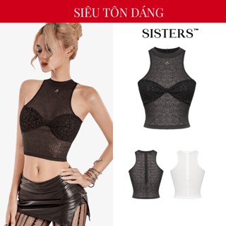 Áo croptop nữ ba lỗ phối nơ ren ngực SISTERS xuyên thấu màu đen, trắng thiết kế logo inox gợi cảm Sera | SS-T56