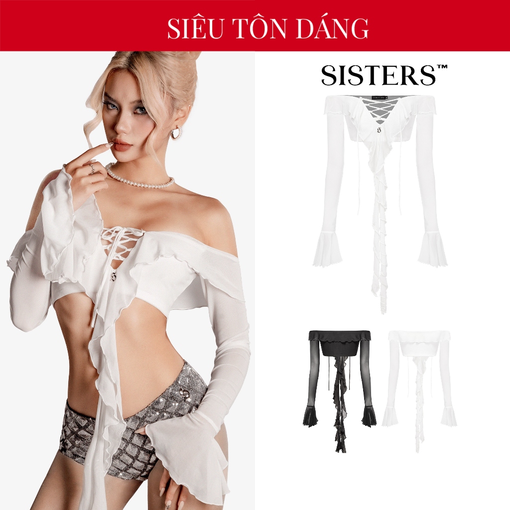 Áo trễ vai tay dài croptop bèo nhún SISTERS tay loe xuyên thấu dây đan xẻ ngực màu đen, trắng quyến rũ Felicia | SS-T63