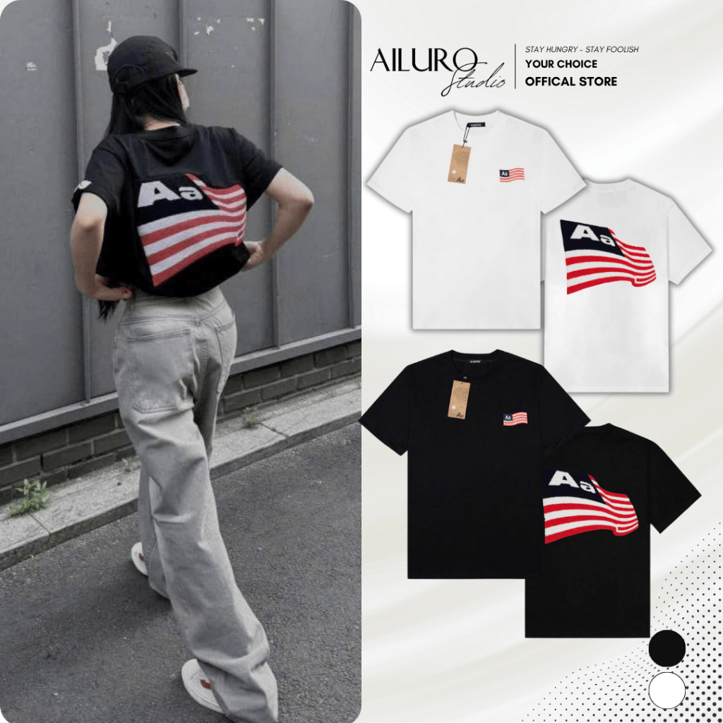 Áo thun unisex Aa Studio Lá Cờ Thêu Xù phông tay lỡ nam nữ form rộng