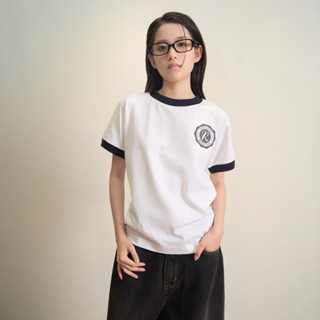 Áo Thun Nữ Tôn Dáng ROSS STUDIO Trắng Bo Đen Cotton 250gsm Logo In Lụa - R IC RINGER T-SHIRT