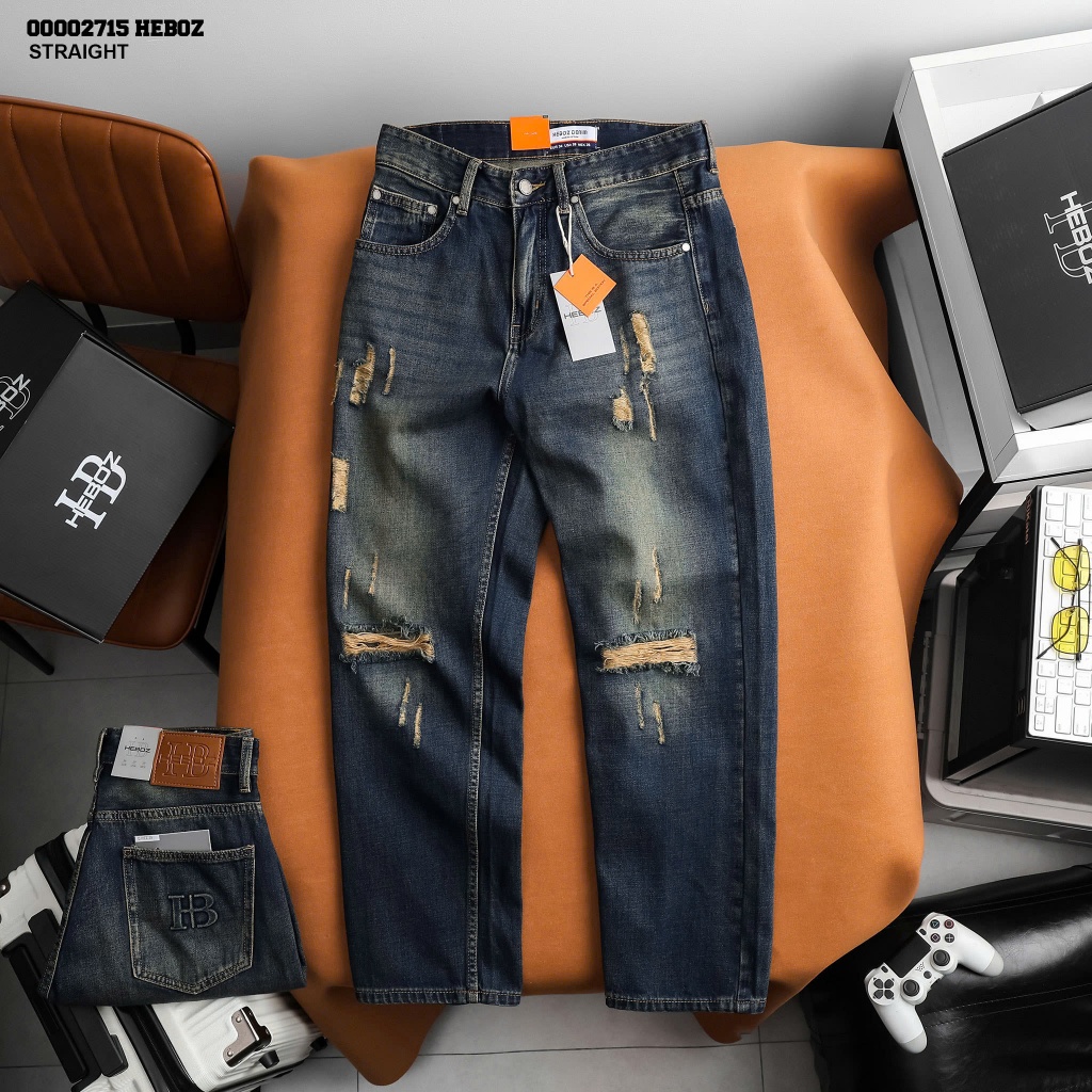 Quần jean nam Heboz dáng suông rách D029, quần dài denim nam cao cấp- 00002715
