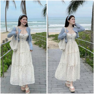 Sét đầm nữ dáng dài chất lụa tuyết có mút ngực phối áo khoác tăm lạnh họa tiết xinh xắn