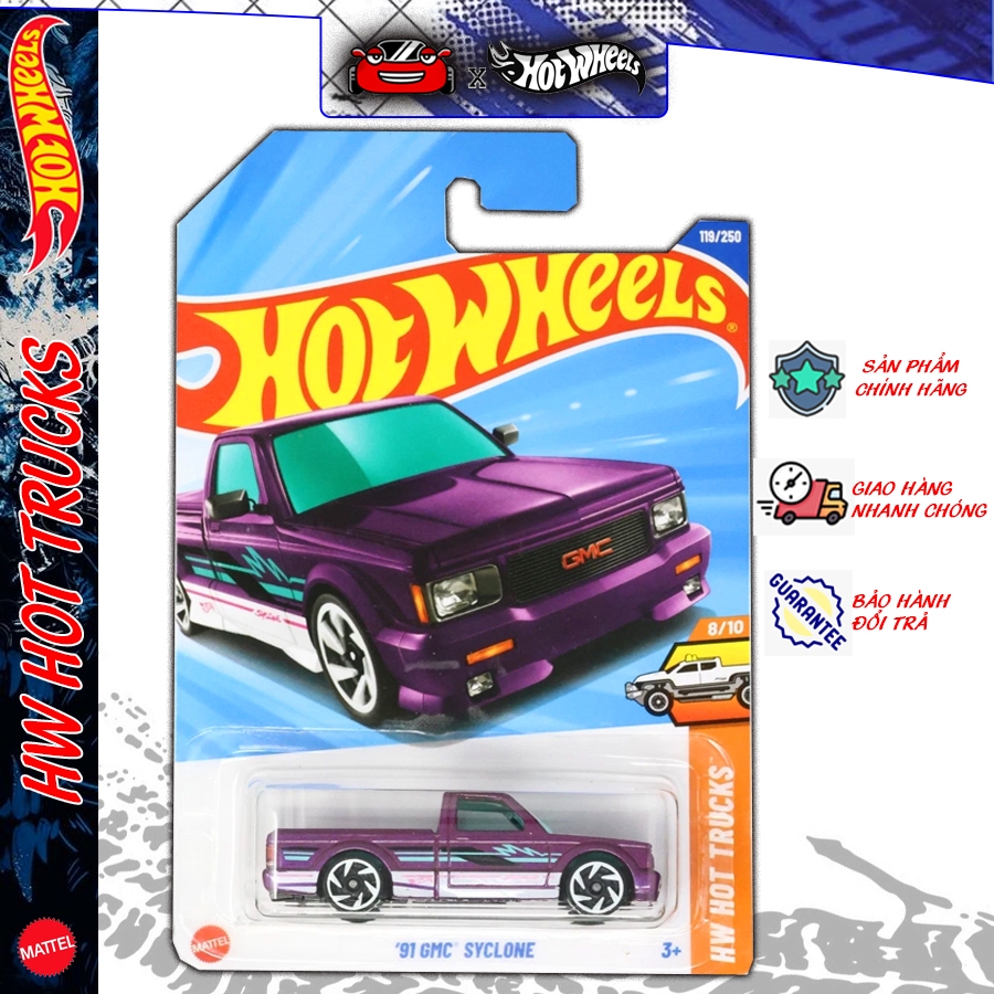 mô hình xe 91 gmc syclone, xe hot wheels tỉ lệ 1/64 dòng hw hot trucks case EF2543