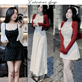   Dài-Ngắn  Đầm HOA NHÍ dáng a kèm khoác ngoài hoạ tiết hoa nhí xinh xắn Xuân Mai Shop dáng a ngắn và dài đệm mút 