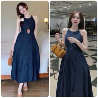 Đầm váy nữ kiểu đơn giản thanh lịch nhẹ nhàng đầm jean mềm mại cổ yếm dáng dài tùng xòe thích hợp đi chơi, đi dạo xinh