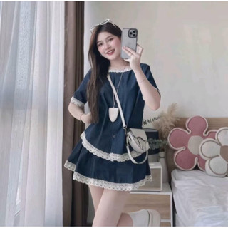 ĐỒ BỘ NỮ, SÉT ÁO CỔ TRÒN PHỐI VIỀN REN MIX CHÂN VÁY XẾP LI CHẤT JEAN GIẤY THOẢI MÁI MÙA HÈ BIGSIZE 45-85KG