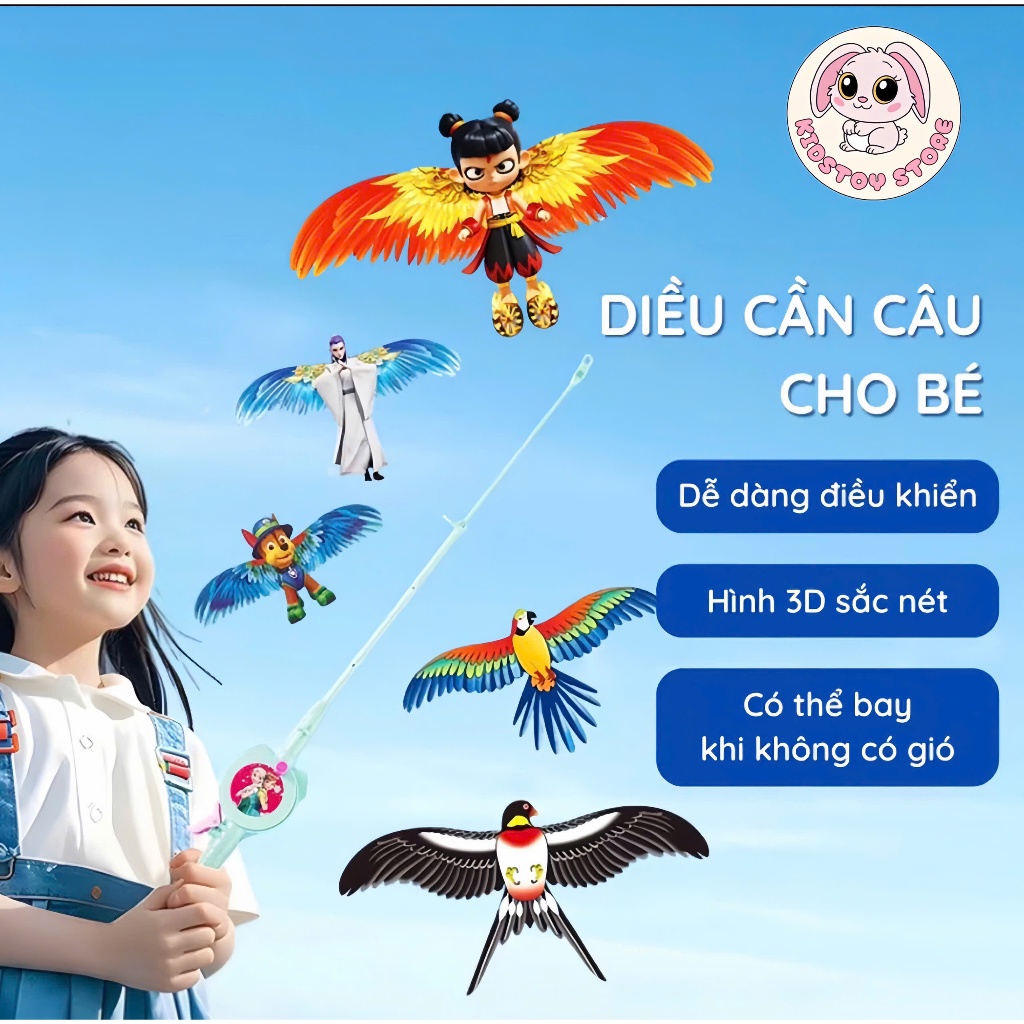 Diều Cần Câu 3D 50cm Cho Bé, Họa Tiết 3D Hoạt Hình Dễ Thương Kèm Cần Câu, Dây Thả 40m, tặng cần và dây dài 50 mét