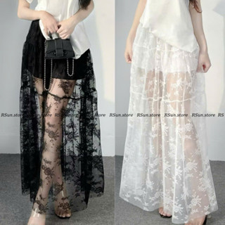 Chân váy ren hoa nữ dáng dài midi cạp chun có lót trong bigsize RSun, Maxi 2 lớp họa tiết ren tiểu thư 437