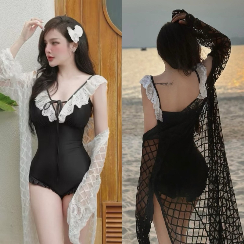 Đồ bơi nữ Bikini liền thân bèo thô trắng sang chảnh kín đáo L03
