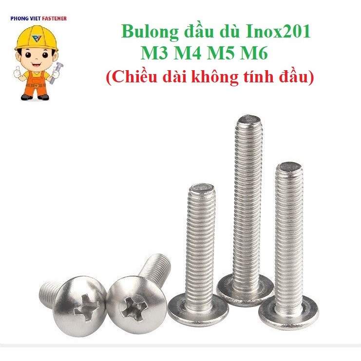 (INOX201) 10 cái M3-M6 vít pake đầu dù thân bulong inox201 M3-M6