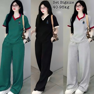  Bigsize Giá RẺ HCM  - Set Bộ Thun Tăm Bigsize Form Rộng Áo cổ tim Viền Phối Màu và Quần Ống Co Giãn Thoải Mái Hot Hit Nữ 