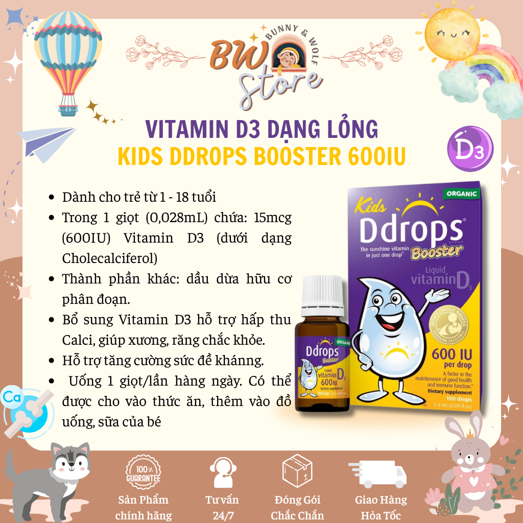 Vitamin D3 Kids Ddrops Booster 600IU Canada Lọ 2.8ml 100 giọt cho bé 1y+ [ BW Store ]