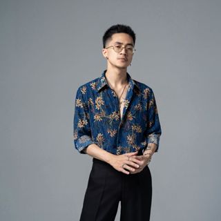 Áo sơ mi xanh hoa vàng Addikt, áo sơ mi nam màu xanh, sơ mi dài tay hoạ tiết hoa vàng, ao so mi nam Menswear