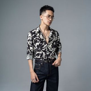 Áo sơ mi hoa đen trắng Addikt, áo sơ mi nam dài tay hoạ tiết hoa, ao so mi nam Menswear